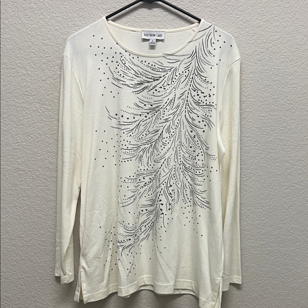Southern Lady Cream Top with Black Feather Design